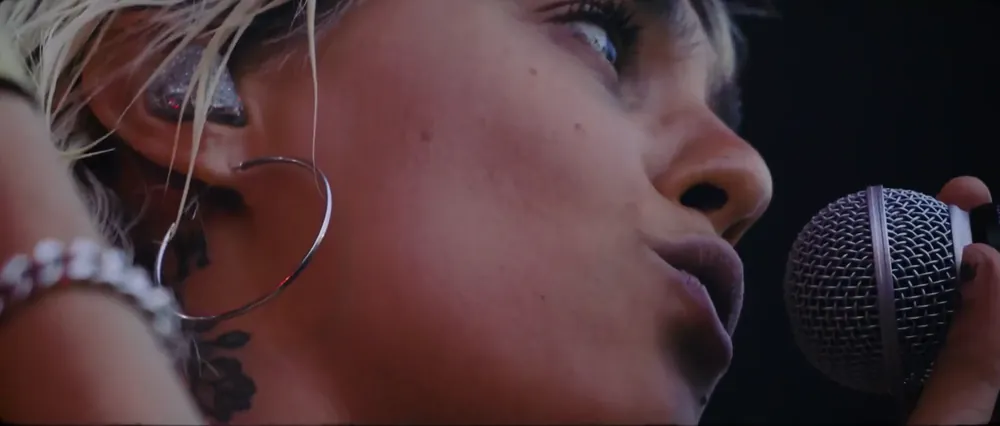 Gros plan d'une chanteuse au micro — festival WOODSTOWER à Lyon
