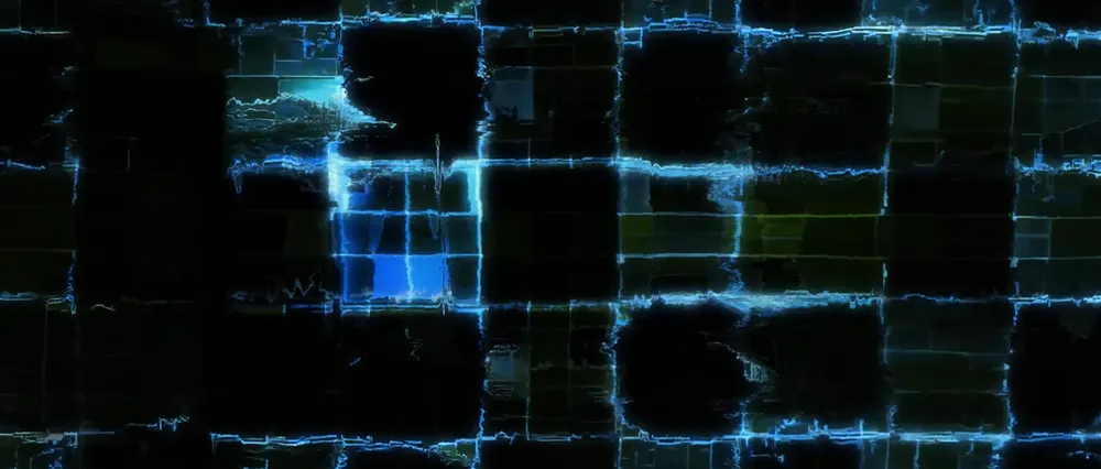 Texture glitch bleue électrique — clip FLOAX de DIGMA